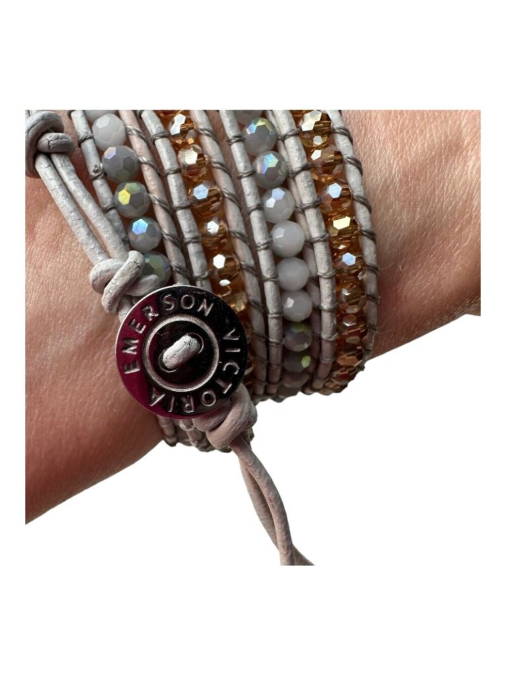 Victoria Emerson Leather Wrap Bracelet Quartz Crystal Beads 36" White Rose Gold - Picture 10 of 16